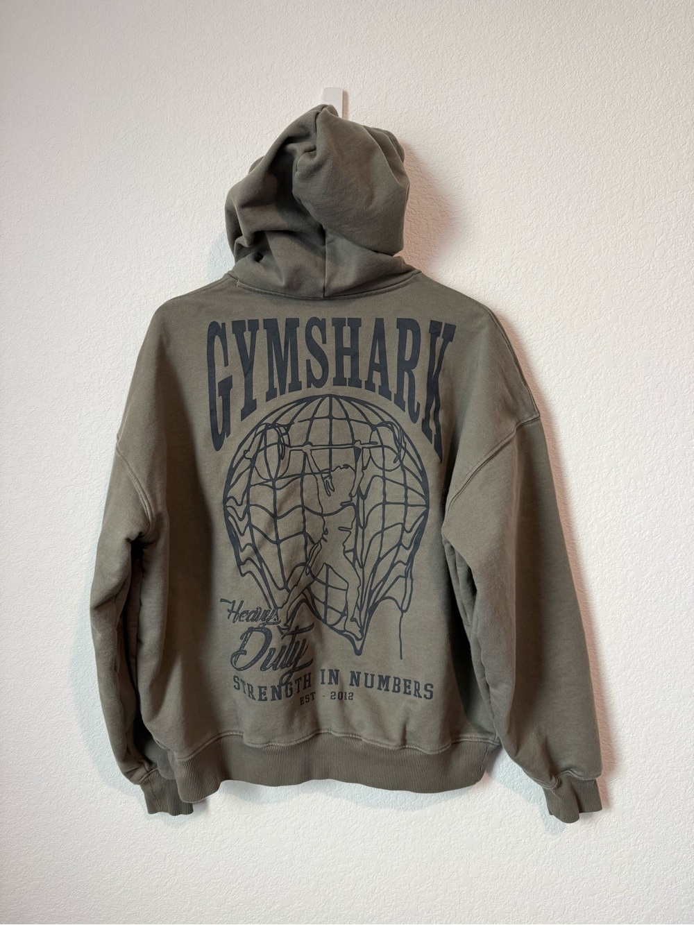 Gymshark Olive Hoodie Large Black Graphic in back Size Small Cotton Blend